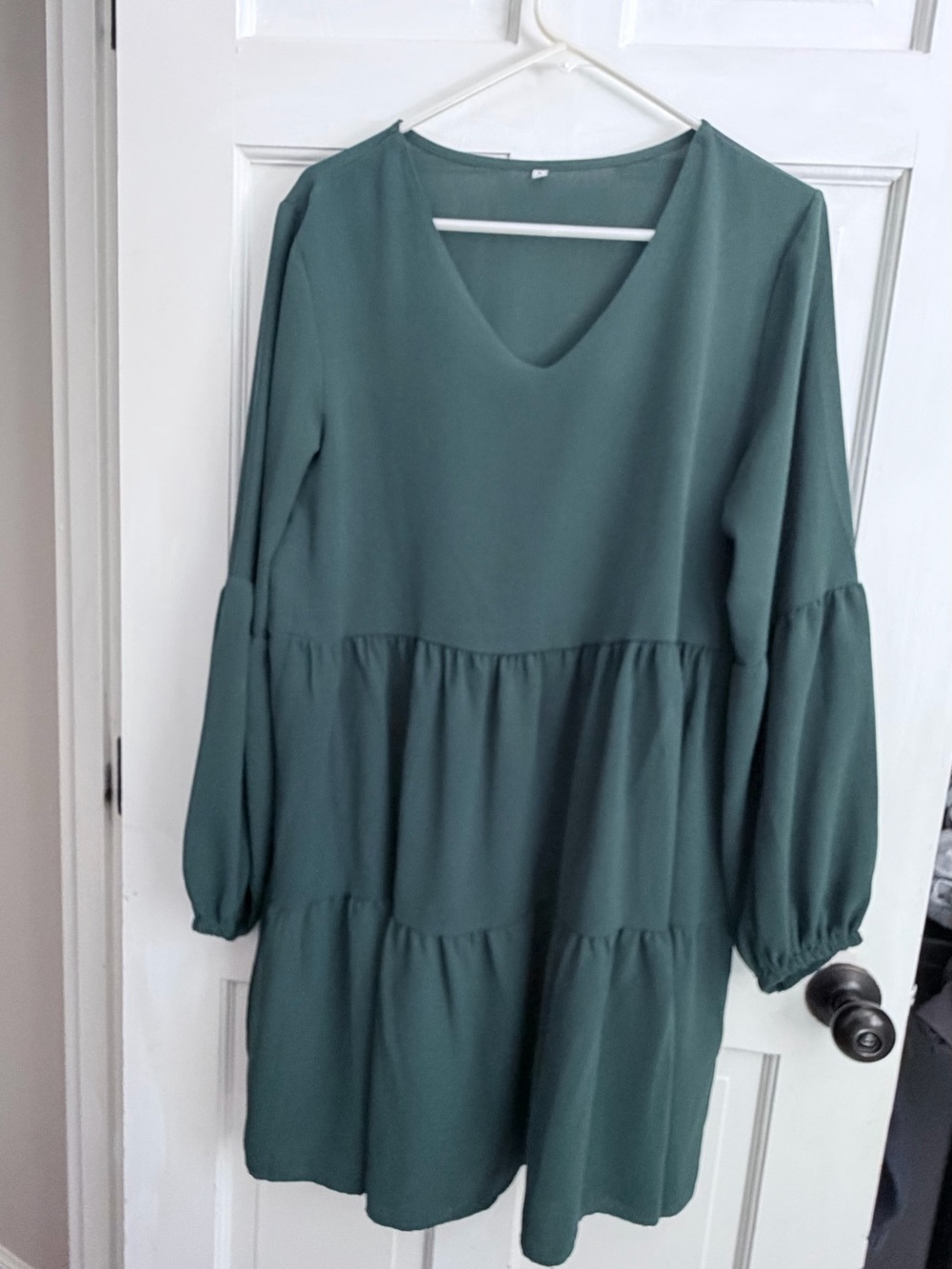V-Neck Tiered Long-Sleeve Dress in Dark Green